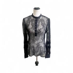Moda International Sheer Lace Button Down Long Sleeve Blouse Black Medium Gothic